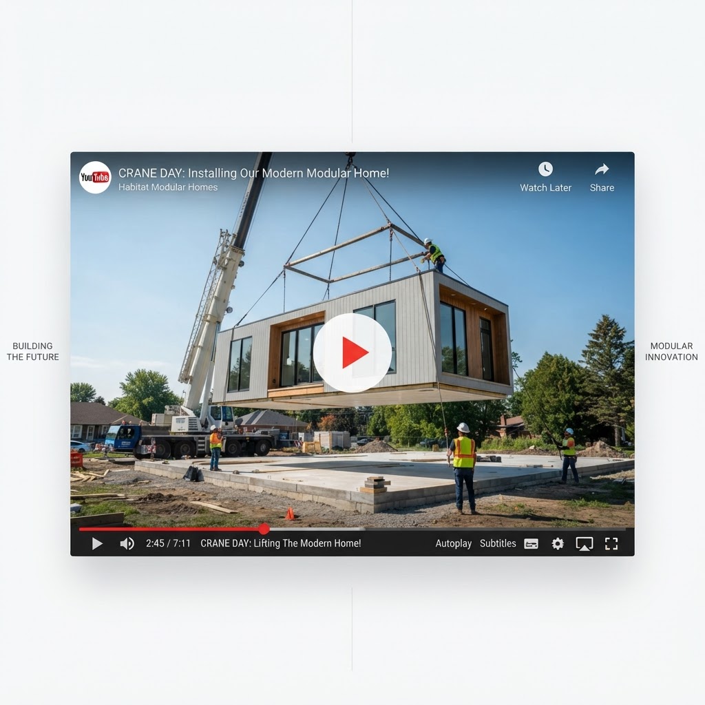 YouTube-style player showing a crane day install, YouTube marketing home builders