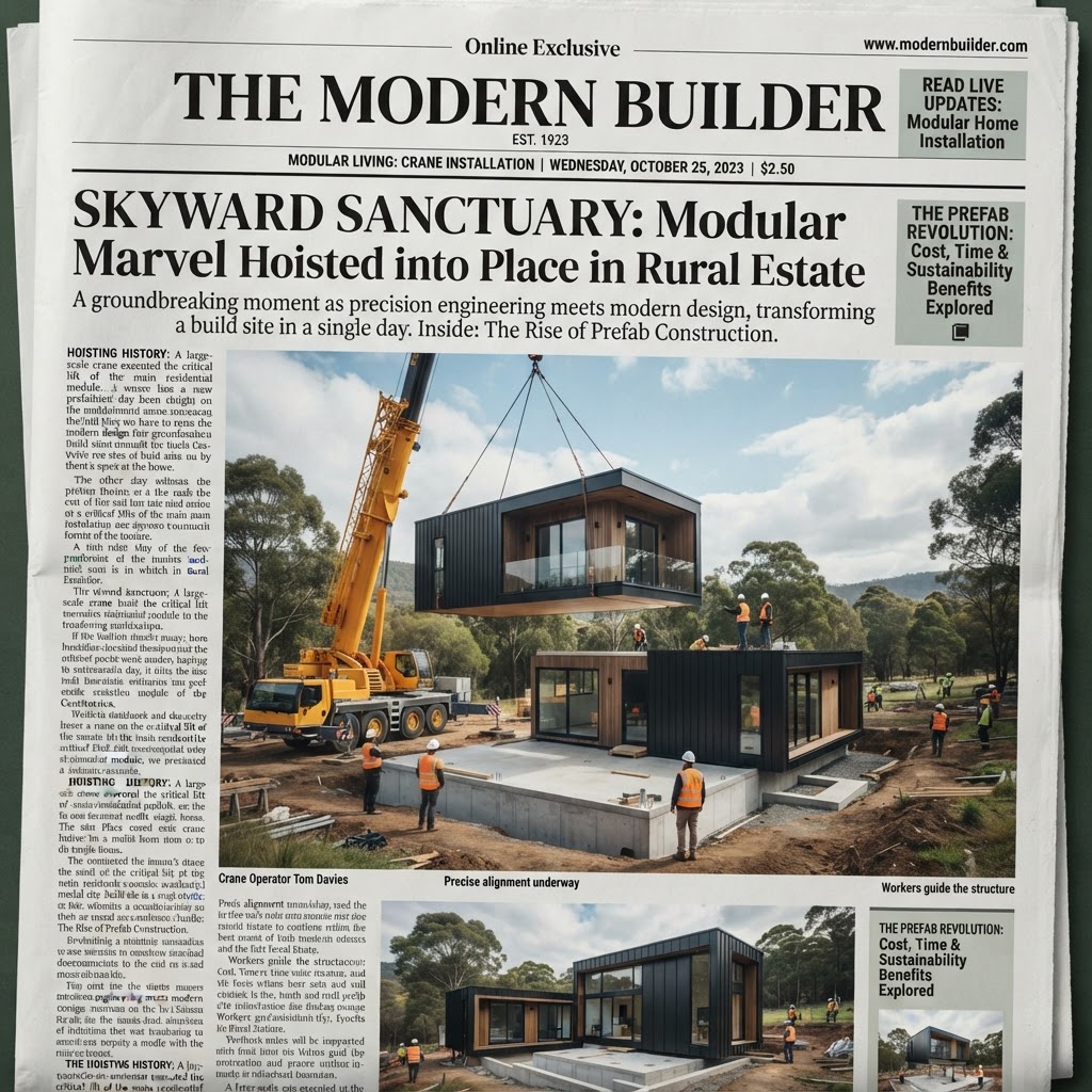 Newspaper article layout featuring a modular home install, PR for home builders