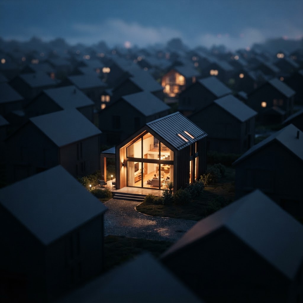 One focused glowing home among blurred generic house outlines, niche marketing builders