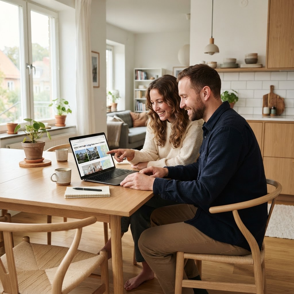 Couple researching prefab homes online on a laptop