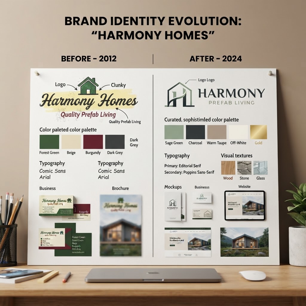 Before and after brand board for a prefab company, prefab branding