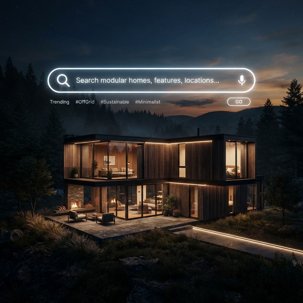 Search bar overlaid on a modular home render, modular home SEO concept