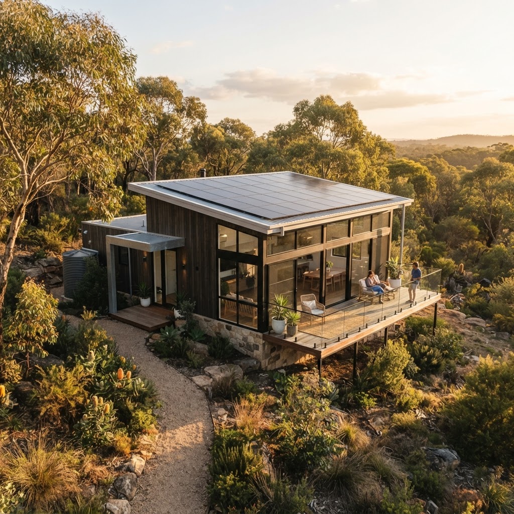 Energy-efficient prefab home with solar panels, sustainable prefab marketing