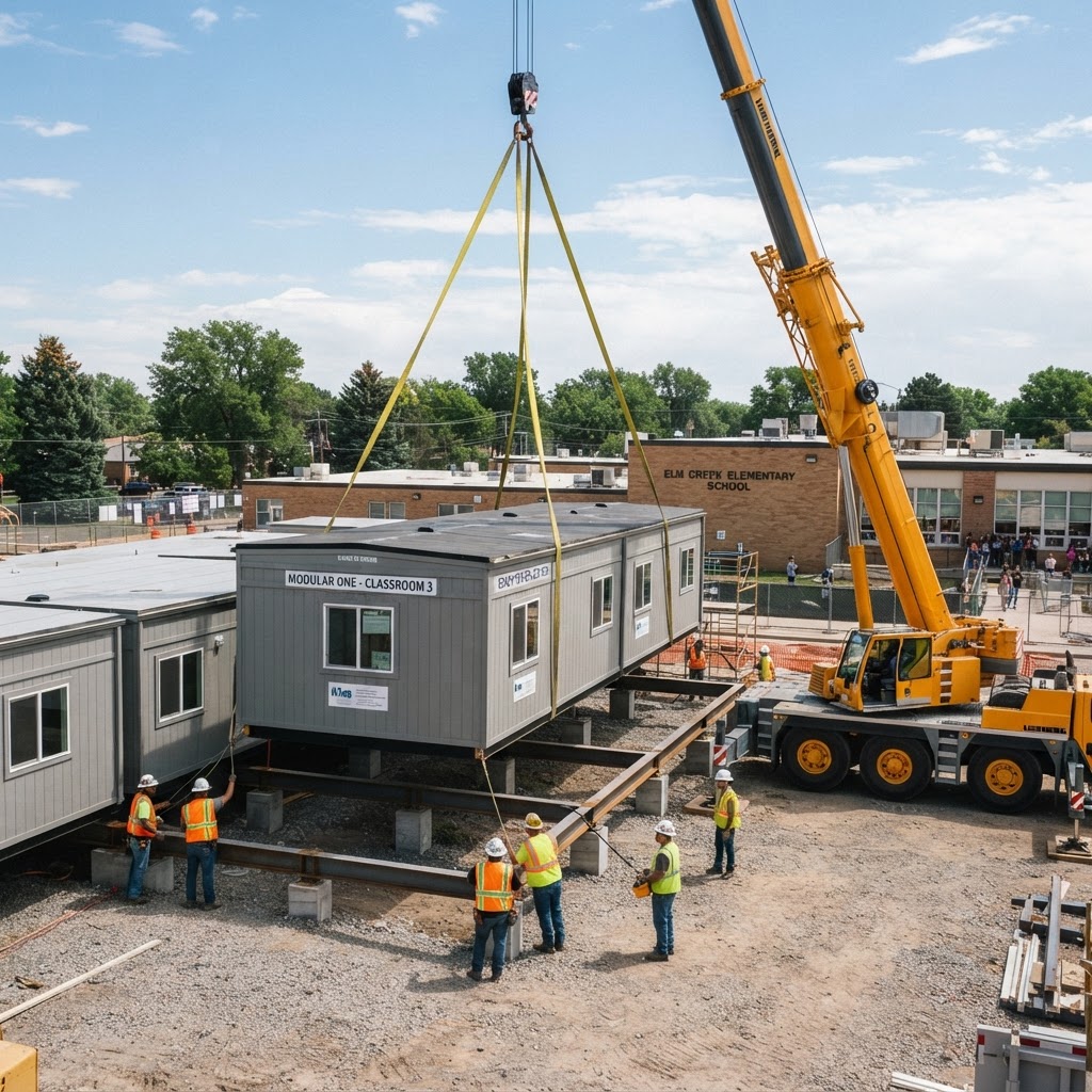 Modular classroom being craned into place, commercial modular buildings marketing