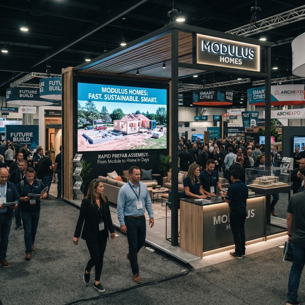 Modern expo booth with a large screen showing a prefab build timelapse, home show marketing builders