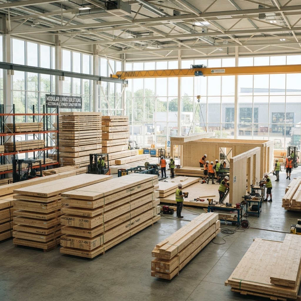 Sustainable timber materials in a modular home factory, green building marketing