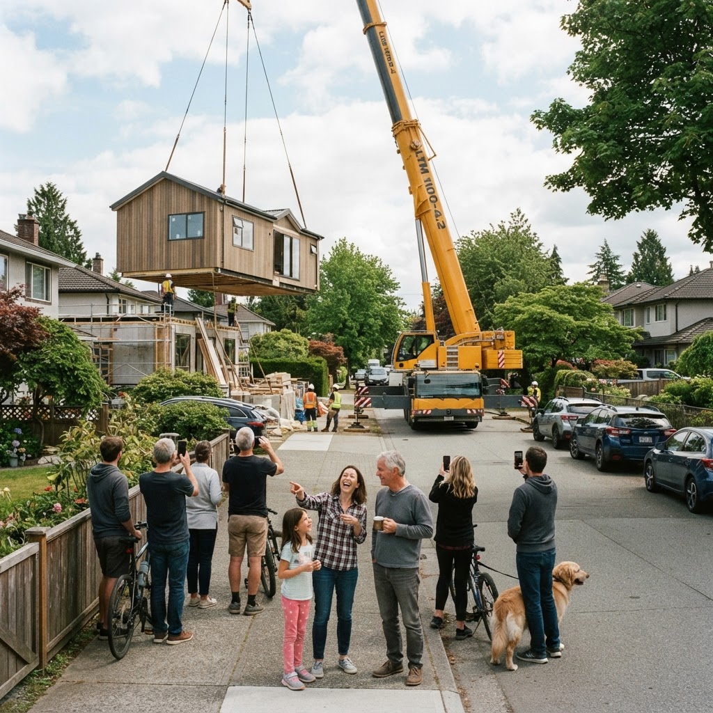 Neighbours watching a crane lift a prefab module into place on a suburban street