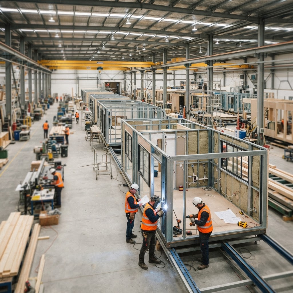 Modular homes under construction in a factory, prefab buyer trust