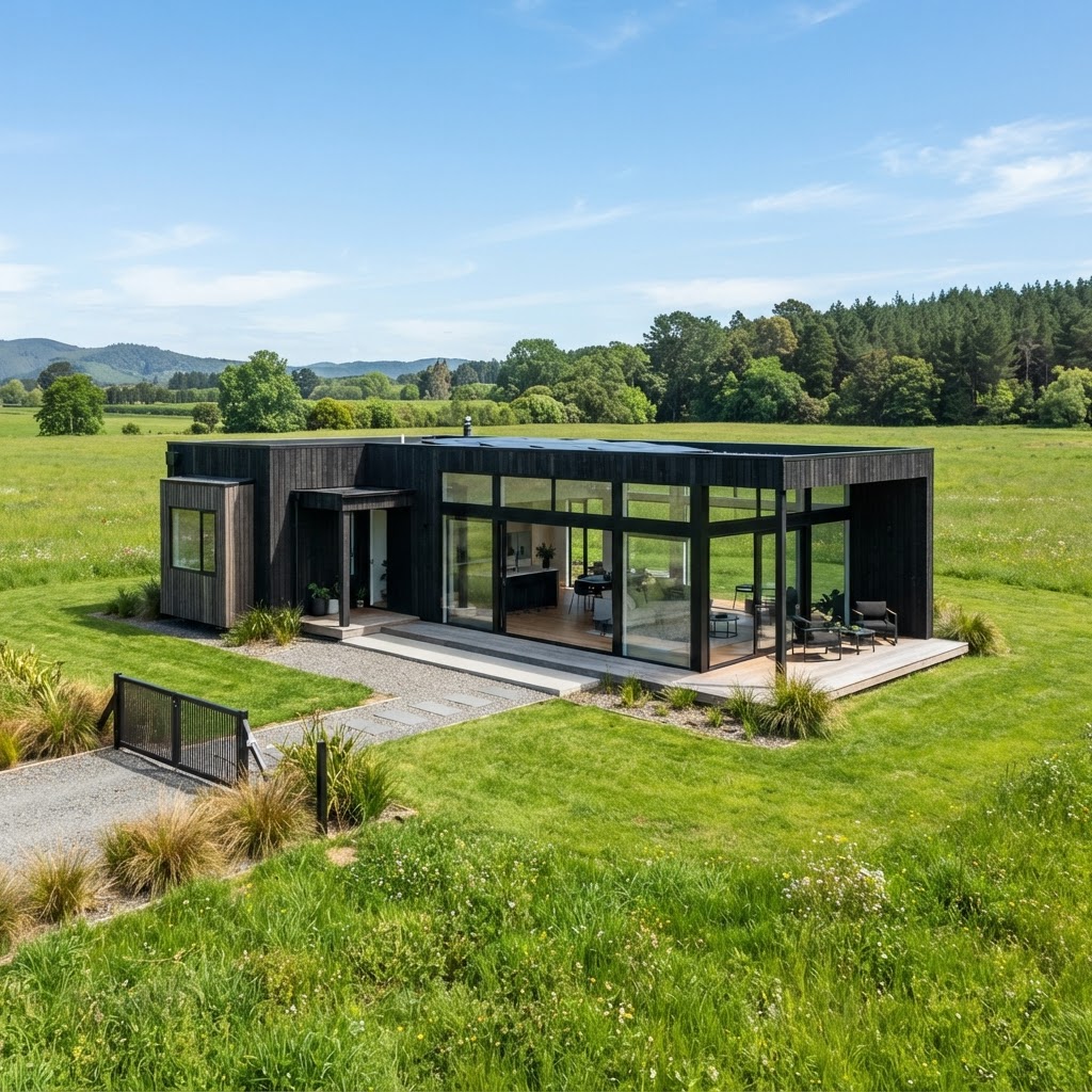Modern prefab home exterior, modular home cost content
