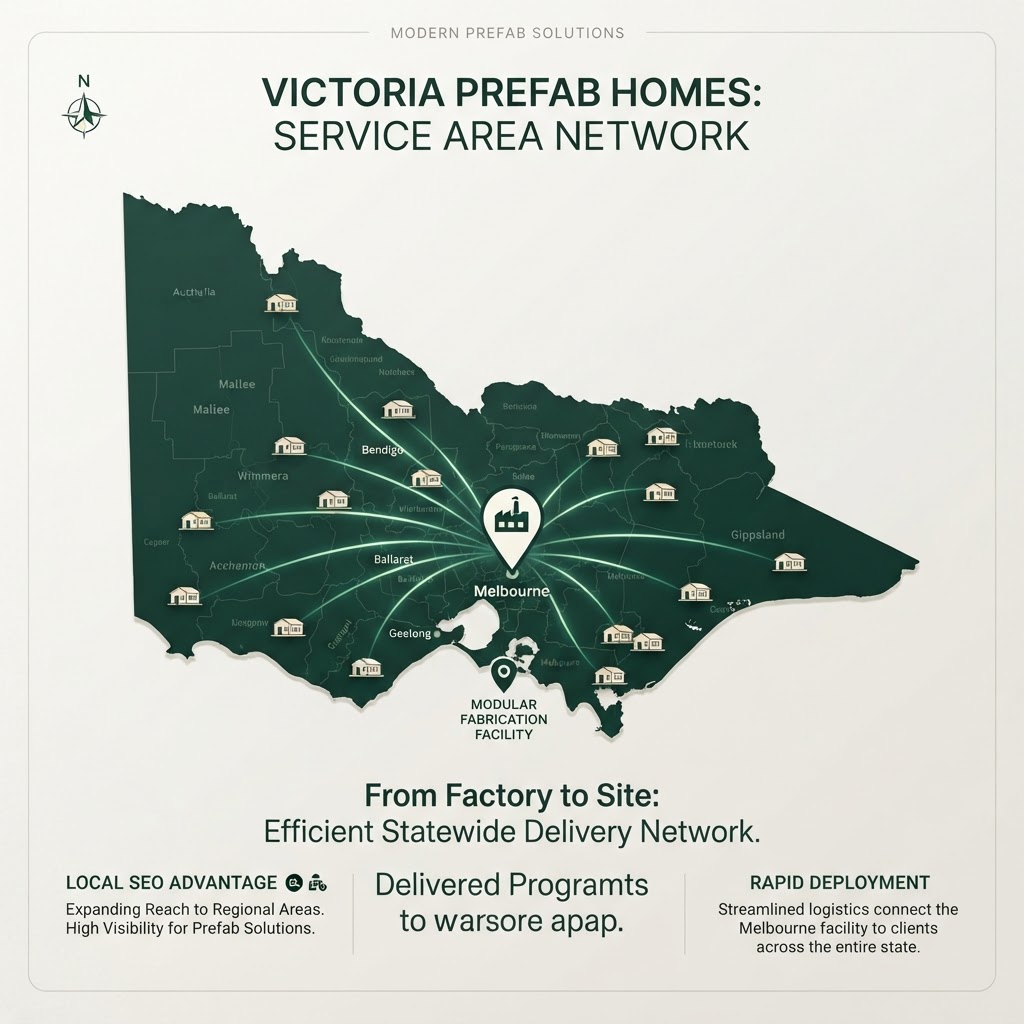 Map with a factory pin radiating delivery routes to homes across a state, prefab service area SEO