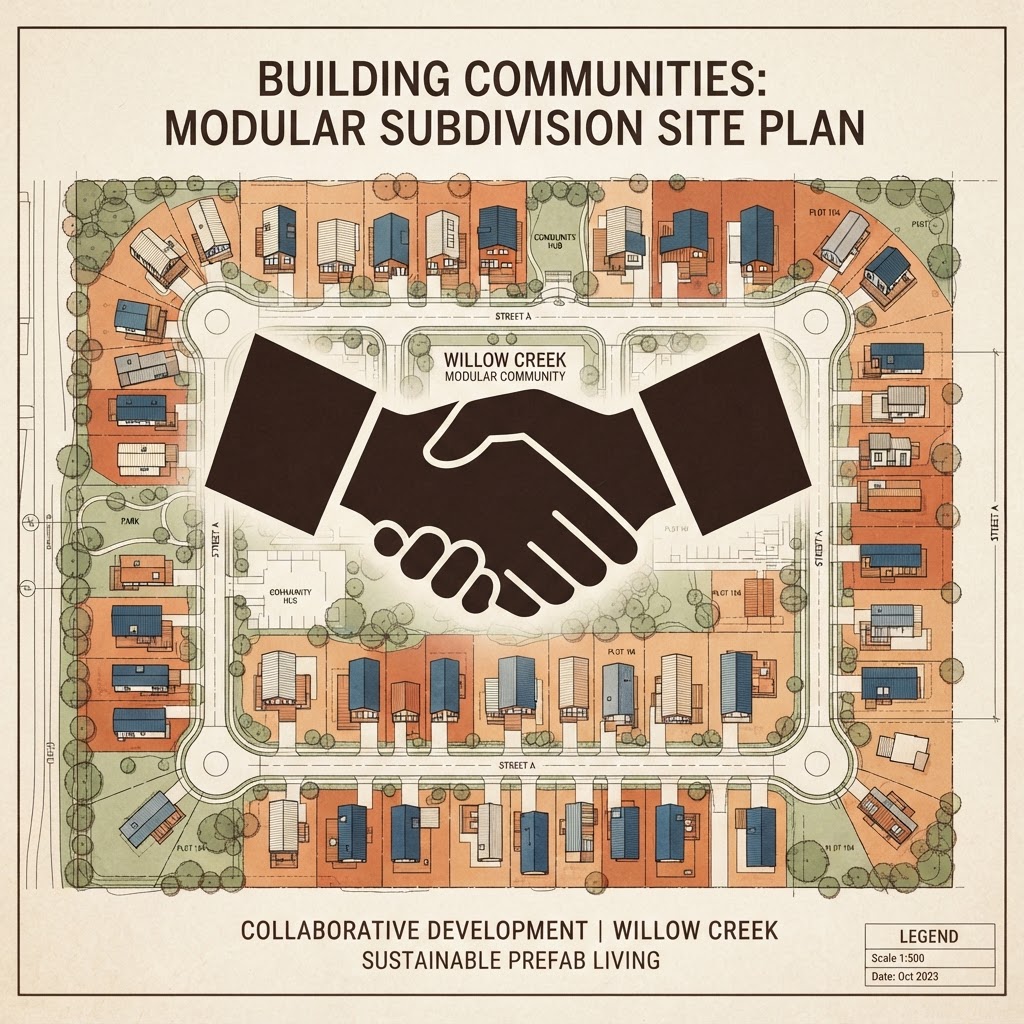 Handshake silhouette over a subdivision plan with prefab homes, builder partnerships land agents