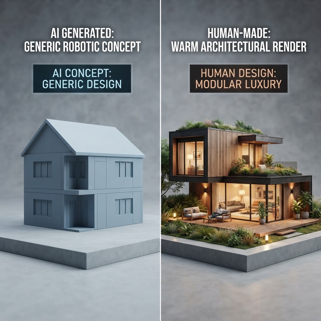 Split image of a generic AI render versus a detailed human-made render, AI marketing construction