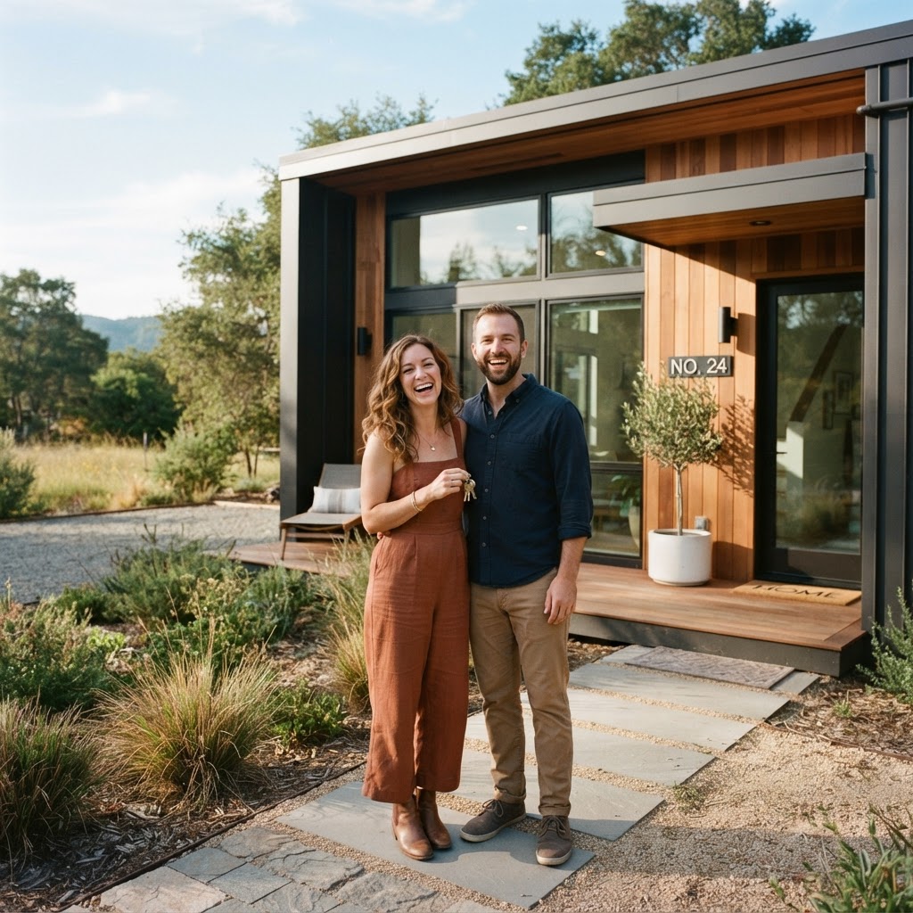 Happy couple in front of their completed prefab home, prefab case study