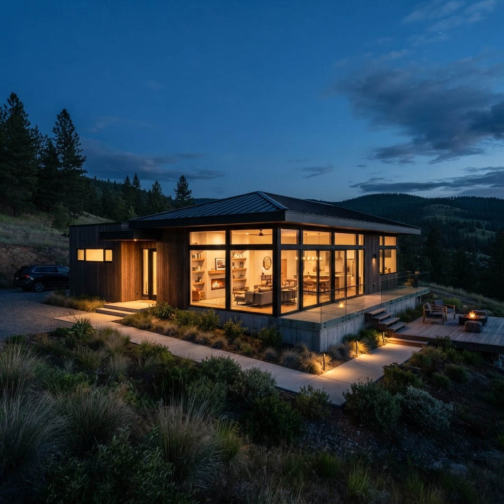 Modern prefab home glowing at dusk, prefab home marketing concept
