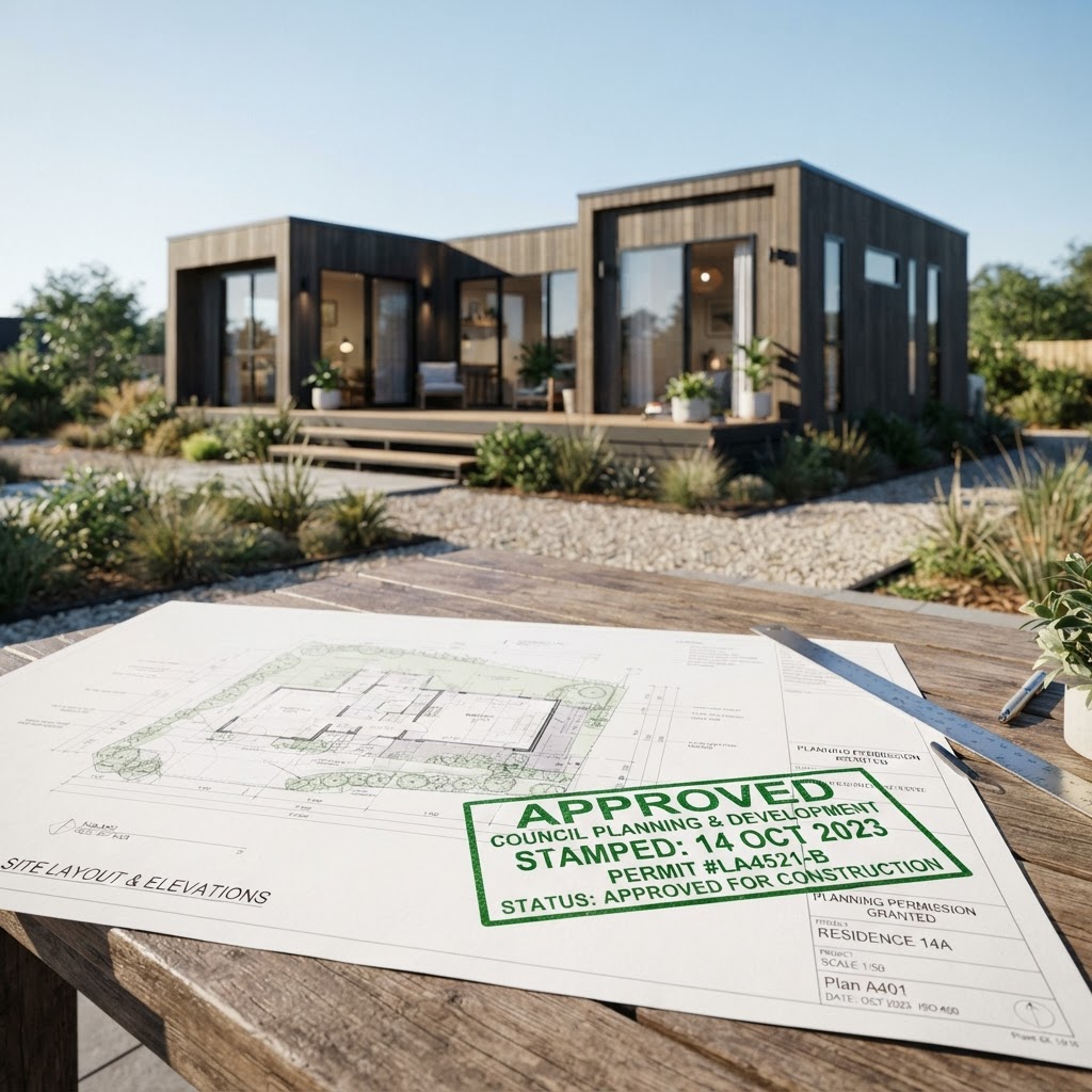 Blueprint with an approval stamp beside a modern prefab home, modular home council approval