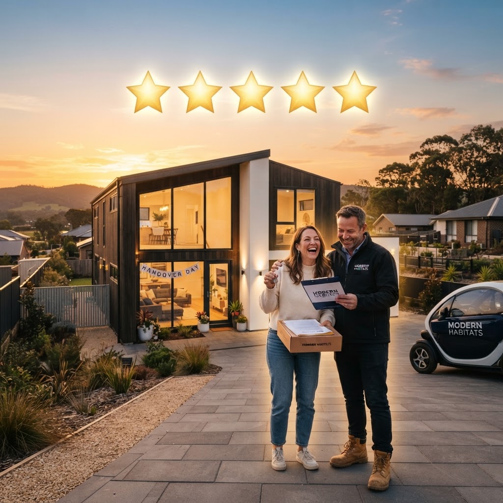 Five stars floating above a completed prefab home at handover, builder reviews management