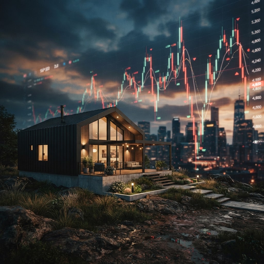 Stable prefab home against a fluctuating market graph, marketing during high interest rates