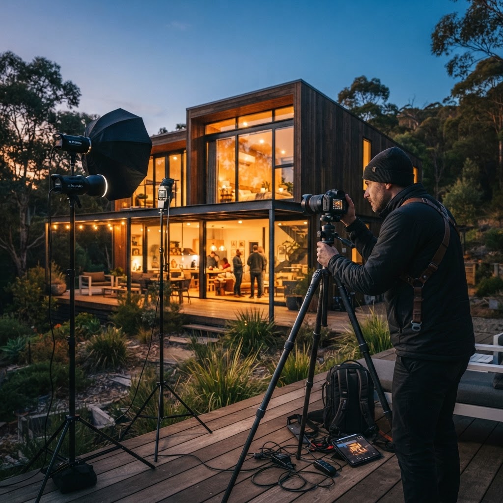 Photographer shooting a styled prefab home at dusk with lighting gear, home builder photography