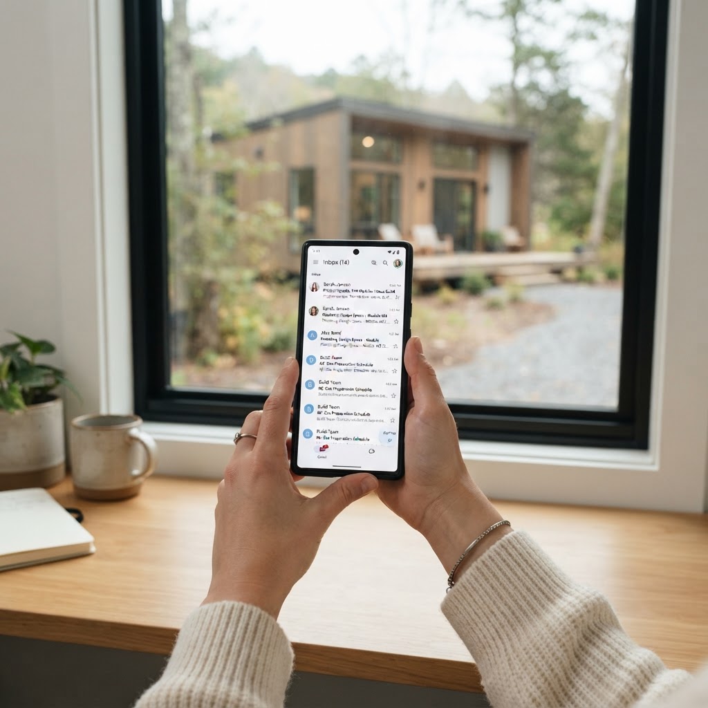 Email inbox on a phone with a prefab home in the background, email marketing home builders