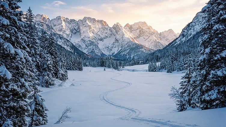 Pristine snowfield with ski tracks through snow-laden pines beneath dawn-lit peaks