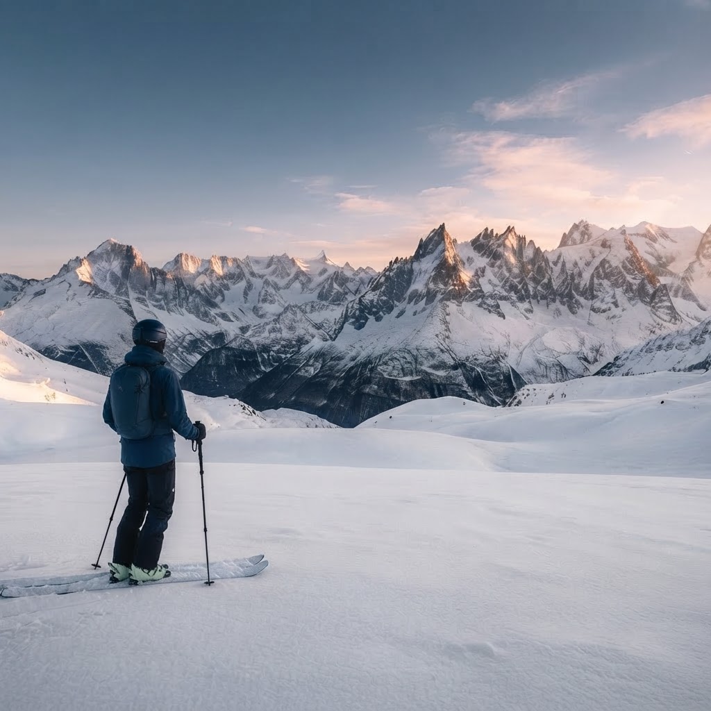 A lone skier pausing on a vast open snowfield at first light with alpine peaks beyond