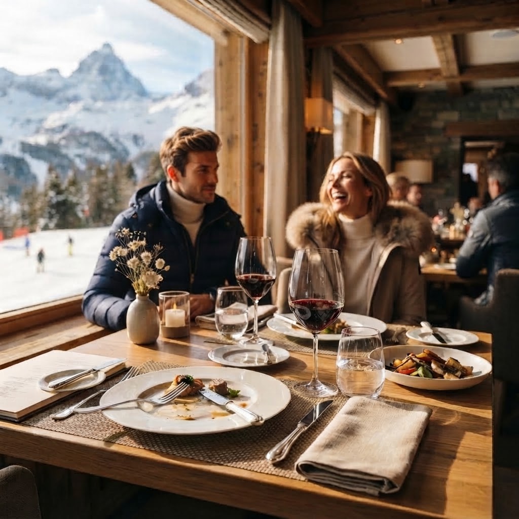 Elegant alpine restaurant table with fine wine and plated dishes, diners in luxury ski attire at the next table, warm afternoon light with snowy mountain views beyond
