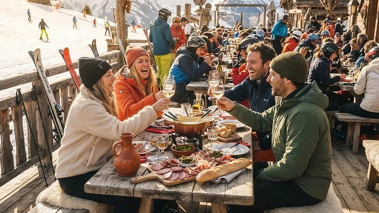 Lively mountain restaurant terrace with shared platters, fondue and wine among skiers in the afternoon sun