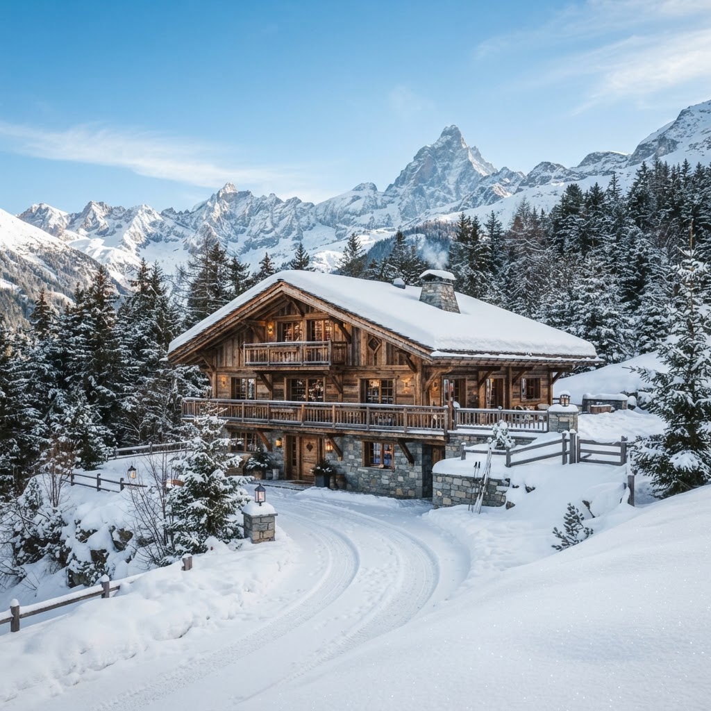 A luxurious alpine chalet on a clear winter day, nestled among snow-covered pines beneath dramatic mountain peaks