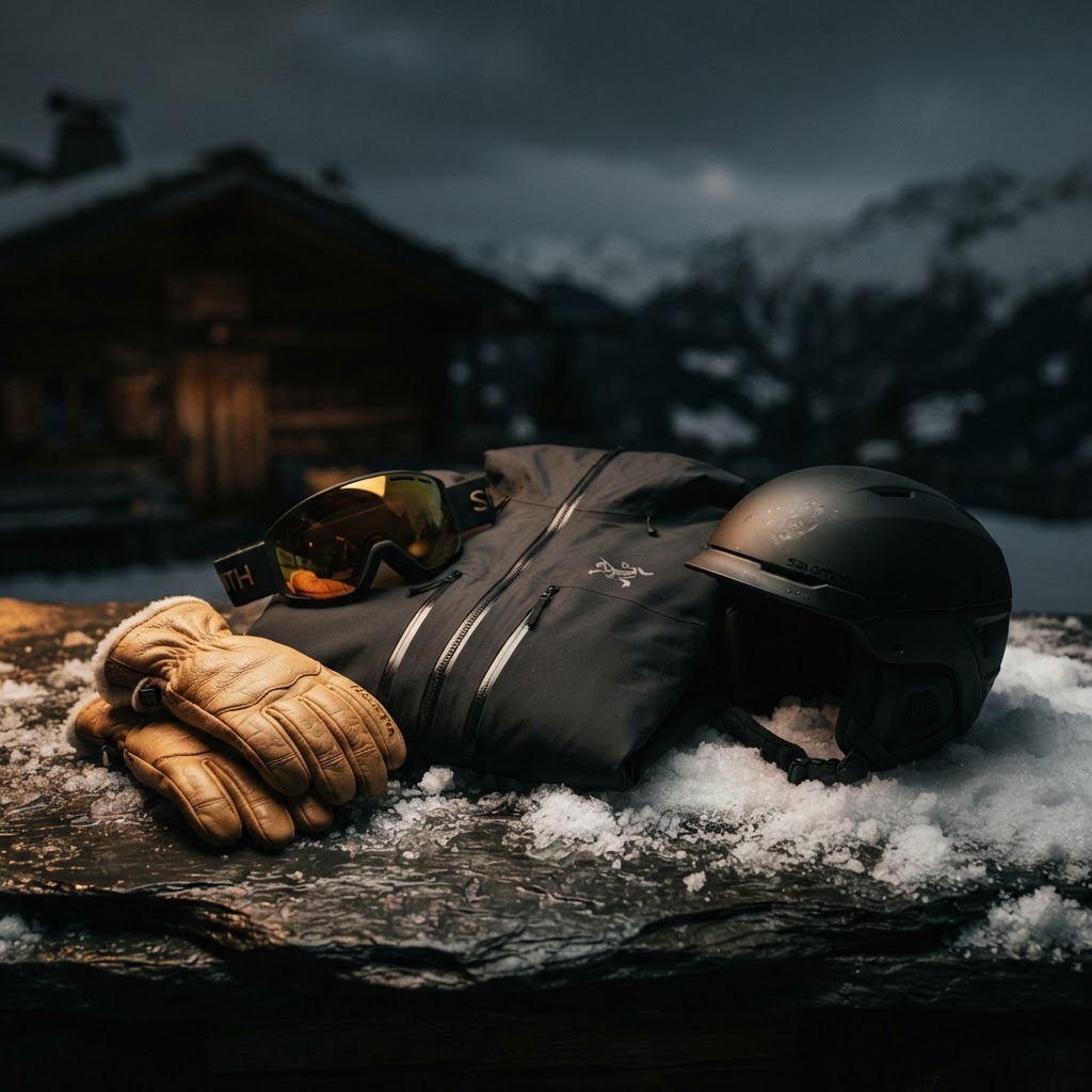 Moody editorial still life of premium ski gear on dark slate dusted with snow