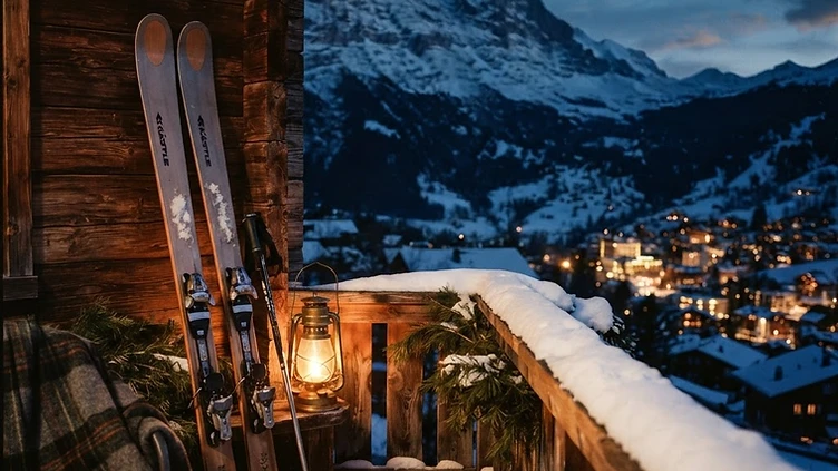 Skis leaning against a snow-dusted chalet terrace at dusk with alpine peaks and village lights beyond