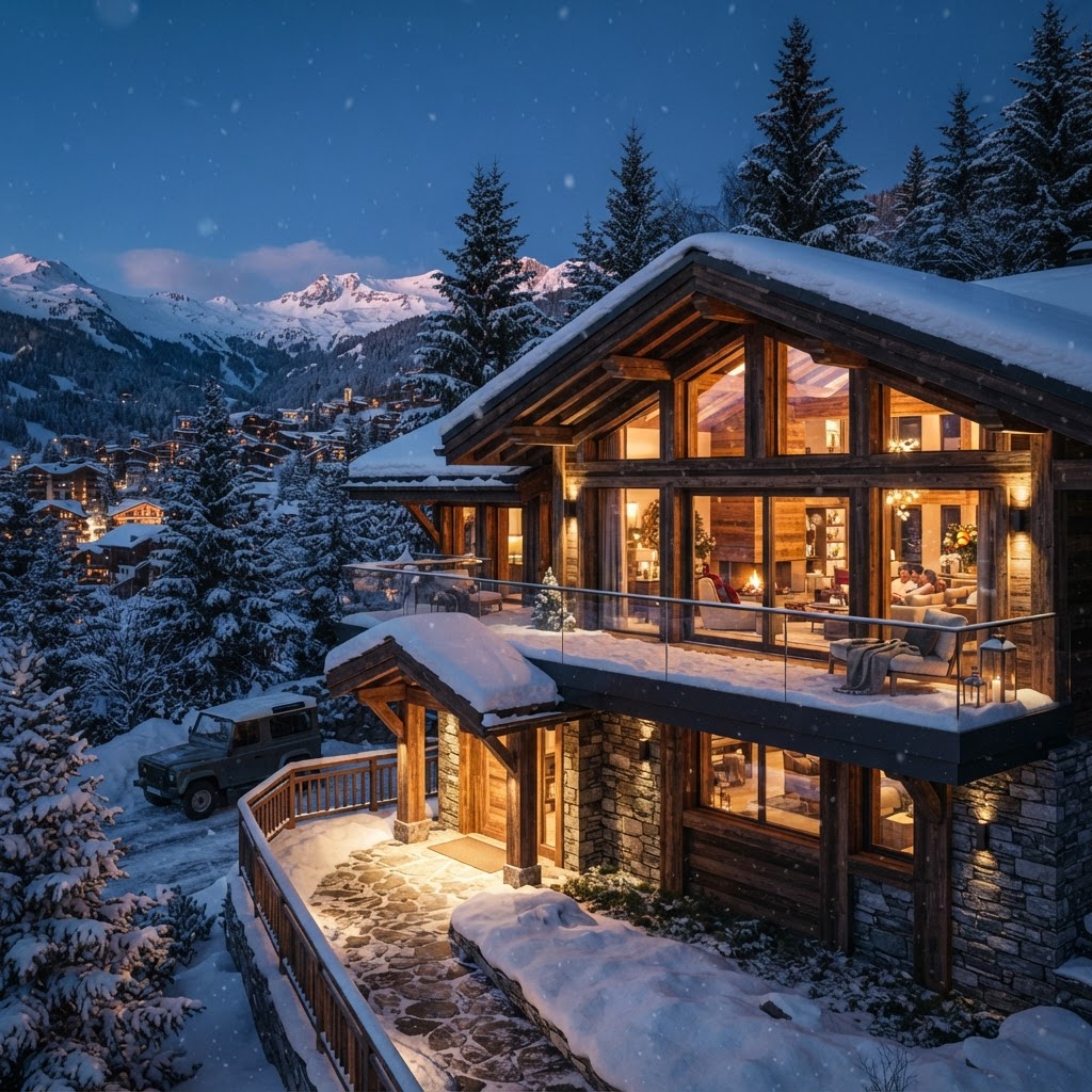Luxury ski chalet illuminated at dusk in an alpine resort