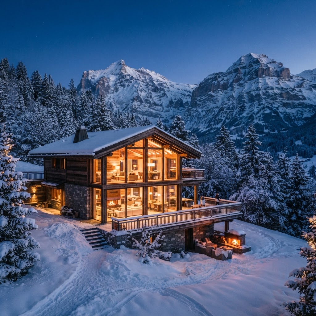 Modern luxury ski chalet with glowing glass windows in snow-covered alpine landscape at dusk