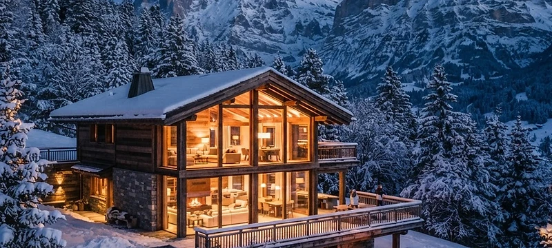 Modern luxury ski chalet with expansive glass windows glowing warm in a snow-covered alpine landscape at dusk