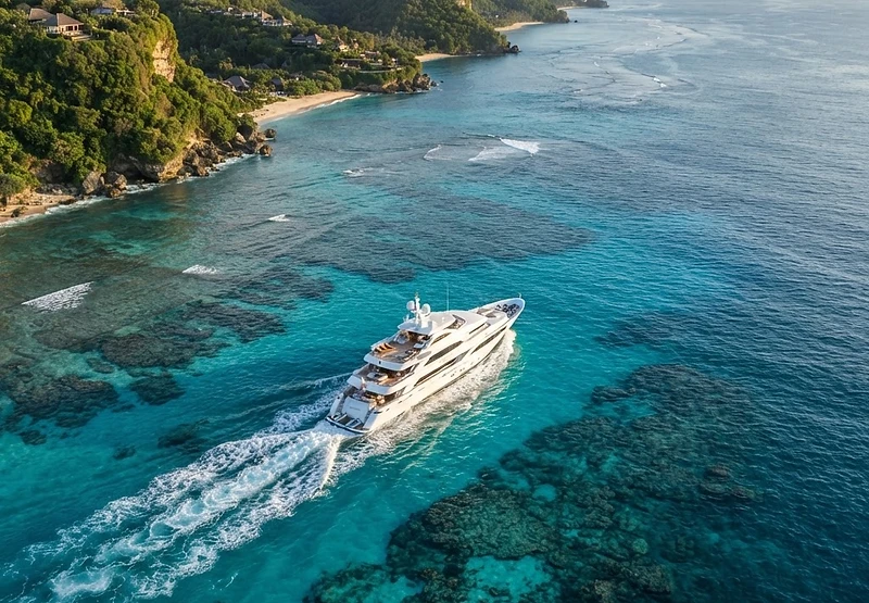 Aerial view of a luxury yacht cutting through turquoise reef waters off a tropical coastline — CoastalEze marine and coastal solutions in Bali, Indonesia