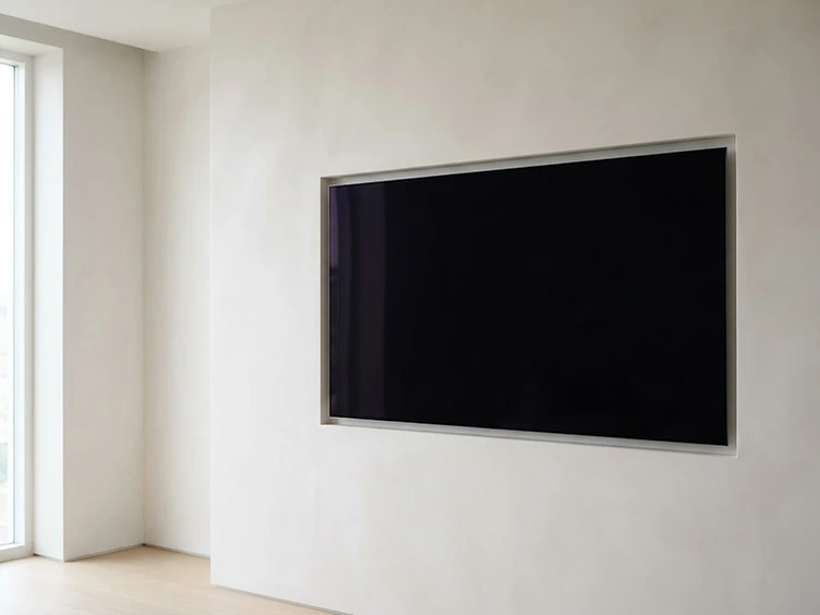 Minimalist recessed media wall with flush-mounted television in a plastered alcove