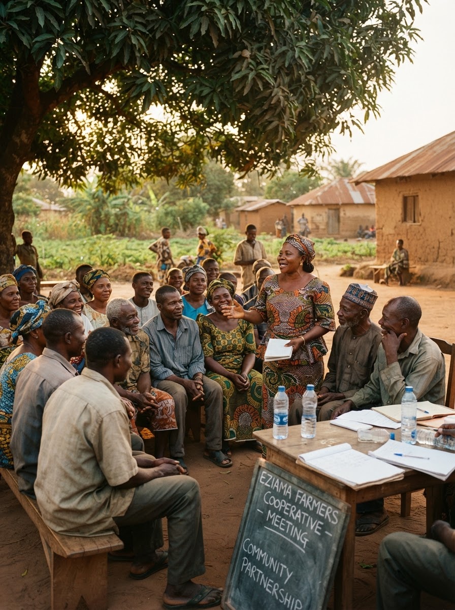 Nigerian farmers gathered in a cooperative community meeting