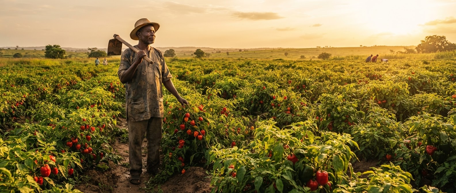 Nigerian farmer standing in a sun-drenched pepper and tomato field at golden hour