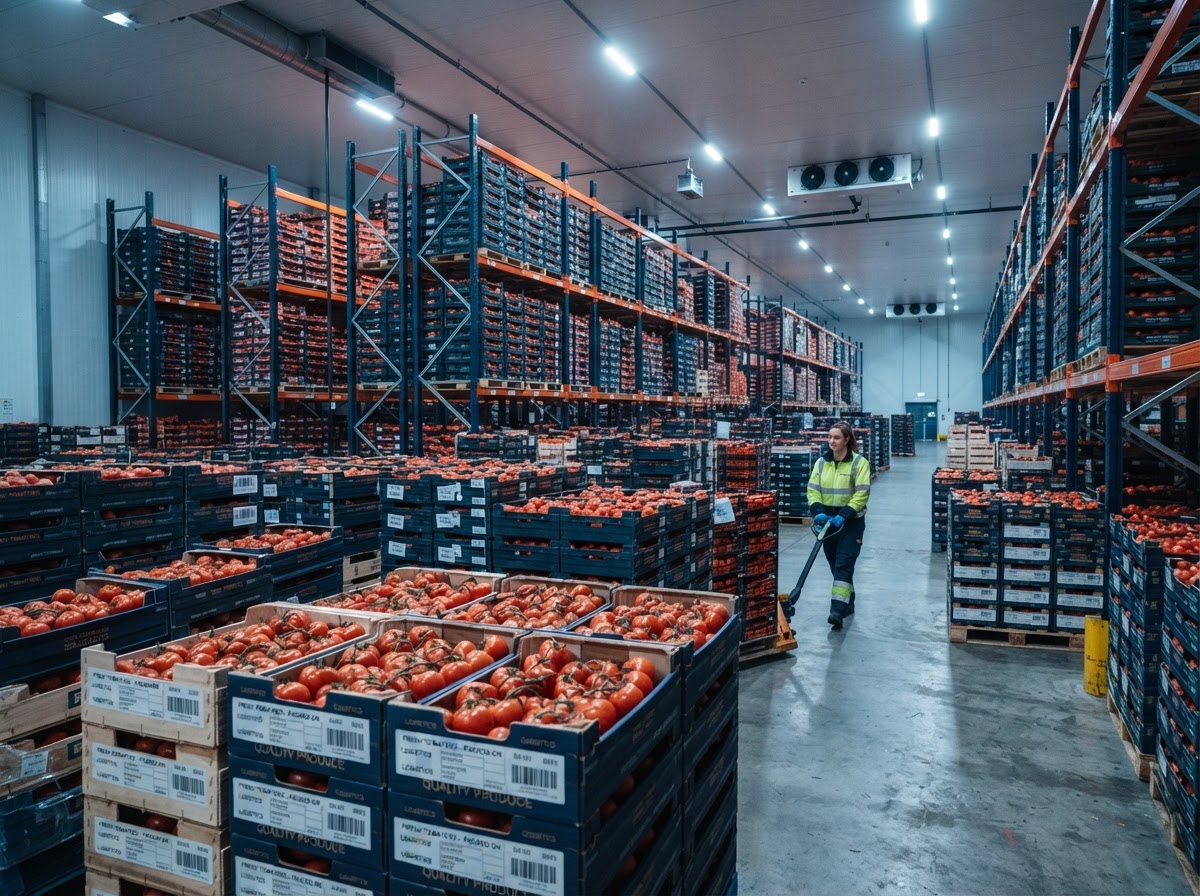 Modern cold storage facility interior with crates of fresh red tomatoes