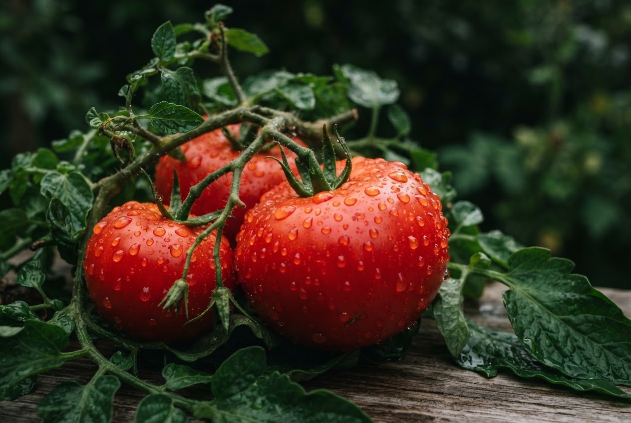 Vibrant red tomatoes with water droplets, fresh from harvest