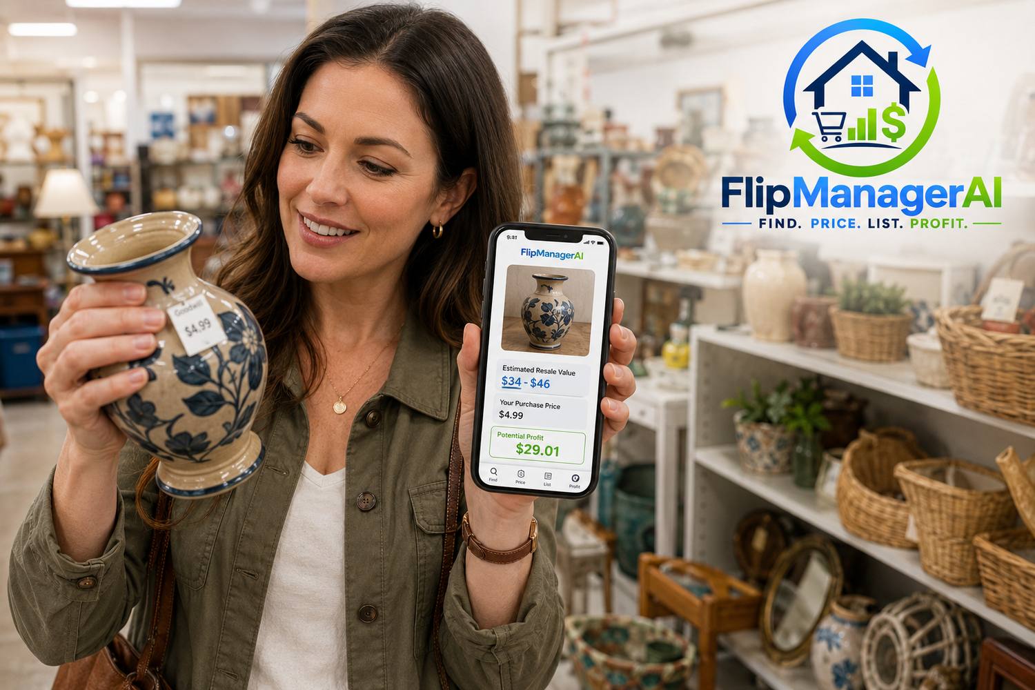 Reseller checking a $4.99 thrift-store vase in FlipManager, showing a $34-$46 resale range