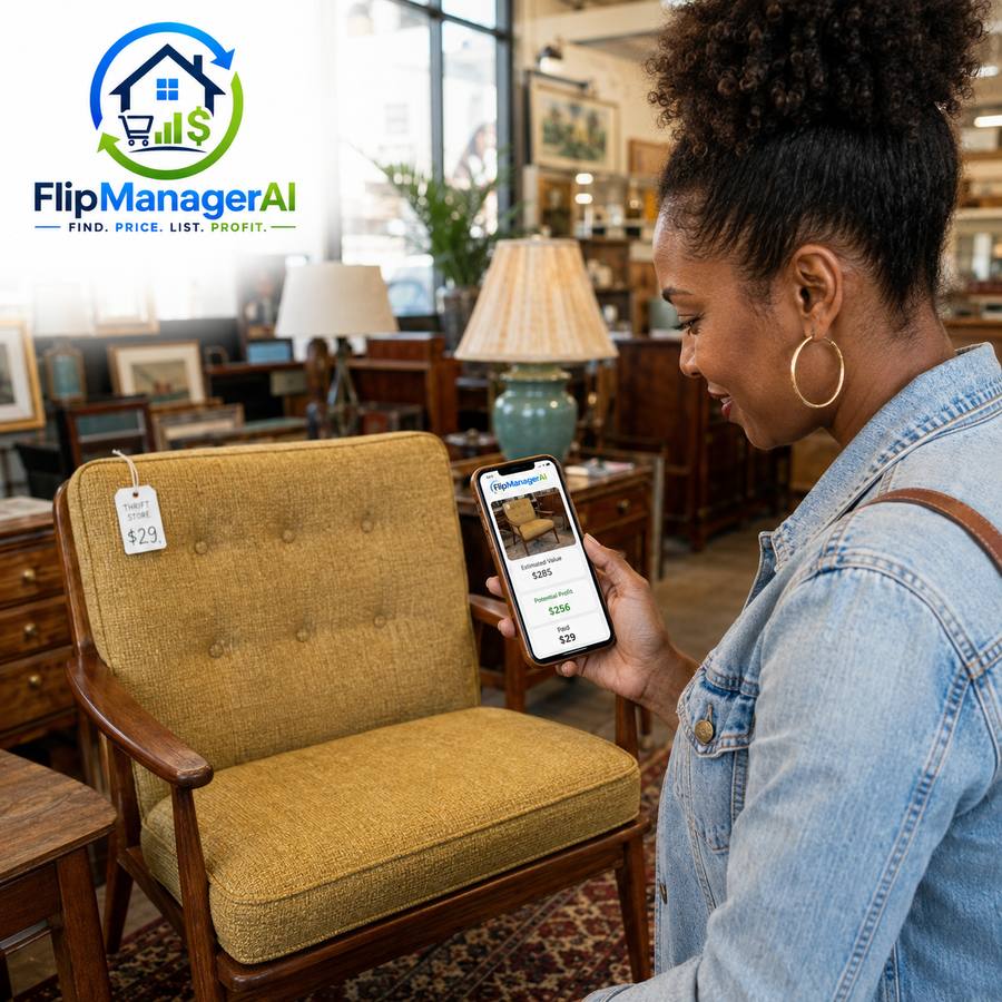 Reseller checking a $29 mid-century chair; FlipManager estimates $285 resale value