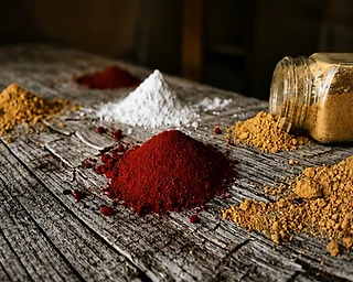Raw pigment powders measured out on a weathered wooden workbench