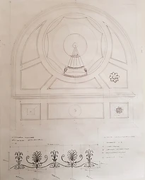 A pencil design drawing showing the plan of the semicircular stairwell ceiling and the profile of the frieze