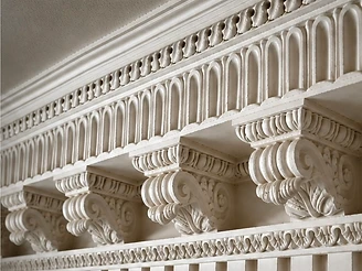 The ornate restored plaster cornice and frieze of the Lodgemore Mill boardroom, seen from below