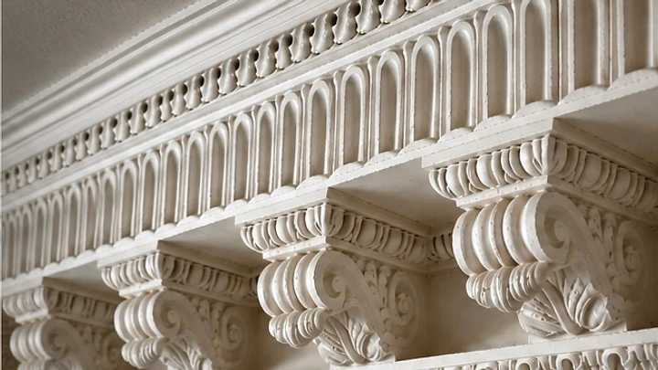 The ornate restored plaster cornice and frieze of the Lodgemore Mill boardroom, seen from below