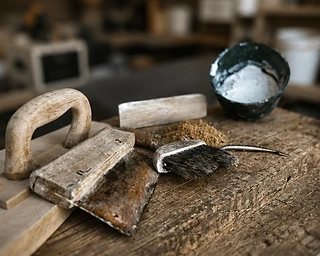 Traditional plastering tools resting on a workbench during conservation repairs