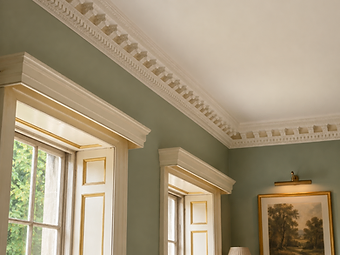 The completed boardroom corner with the restored decorative cornice running between sage green walls beneath a white ceiling