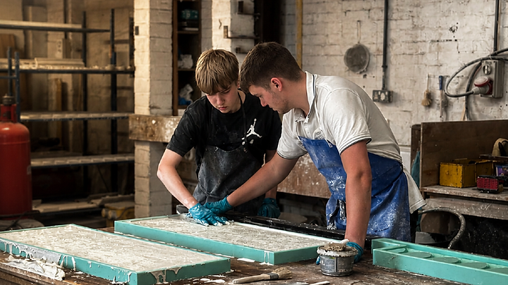 Two craftsmen working wet plaster into long silicone moulds on the workshop bench