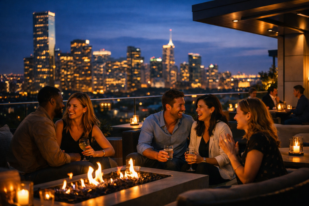 Friends laughing together around a rooftop fire pit with a glowing city skyline