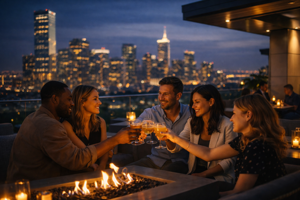 Friends toasting drinks around a rooftop fire pit with a city skyline at dusk